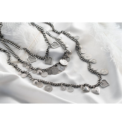 Halsketten "ETHNIC COINS & HEARTS", antiksilber