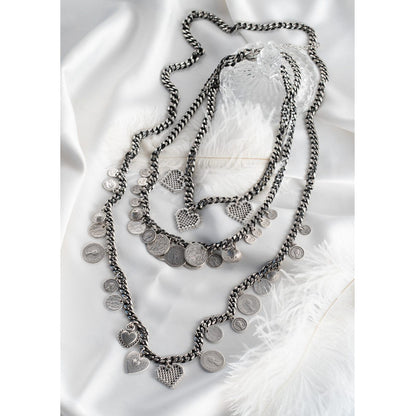 Halsketten "ETHNIC COINS & HEARTS", antiksilber