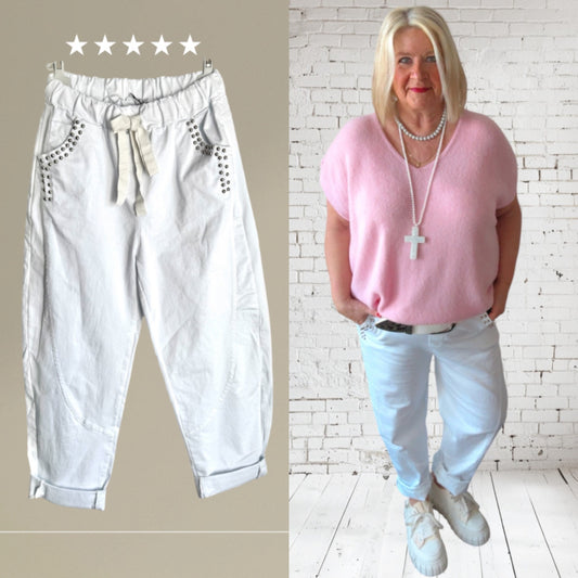 Denim Hose „RIVETS" mit elastischem Bund, weiß