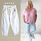 Denim Hose „RIVETS" mit elastischem Bund, weiß