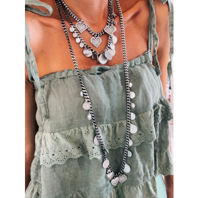 Halsketten "ETHNIC COINS & HEARTS", antiksilber