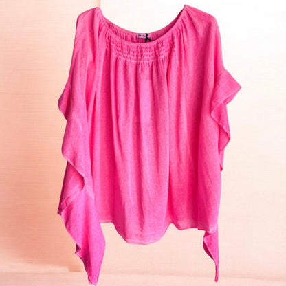 Carmen Bluse "ELARA" mit Volants, neonpink