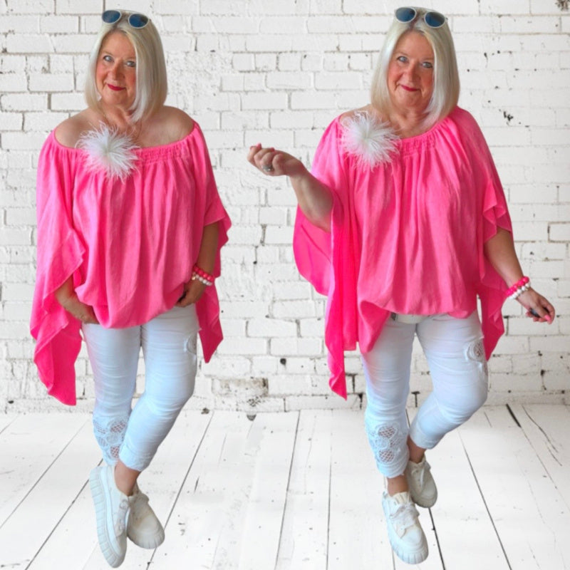 Carmen Bluse "ELARA" mit Volants, neonpink