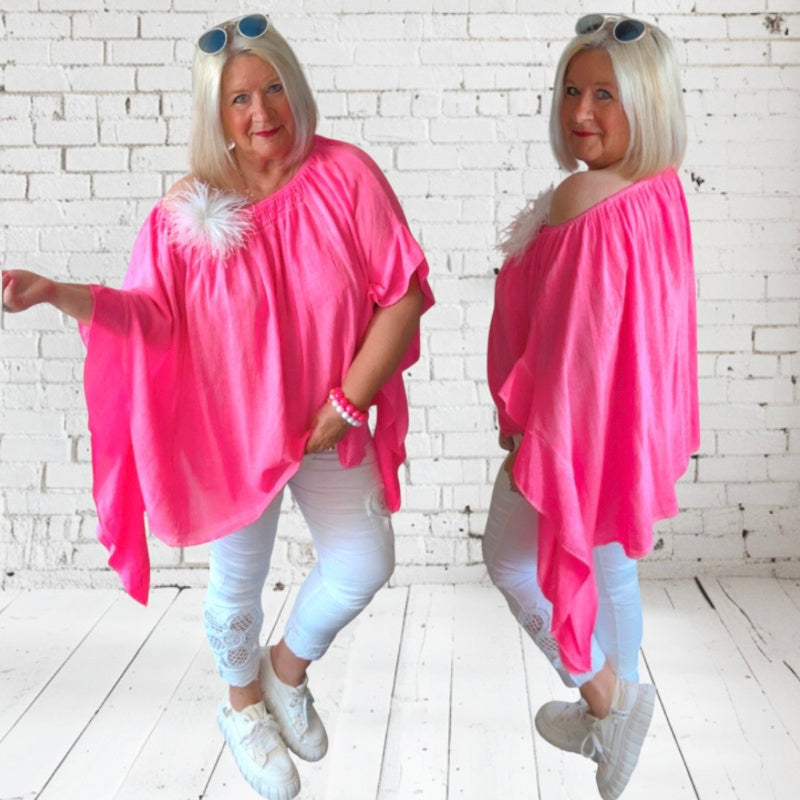 Carmen Bluse "ELARA" mit Volants, neonpink