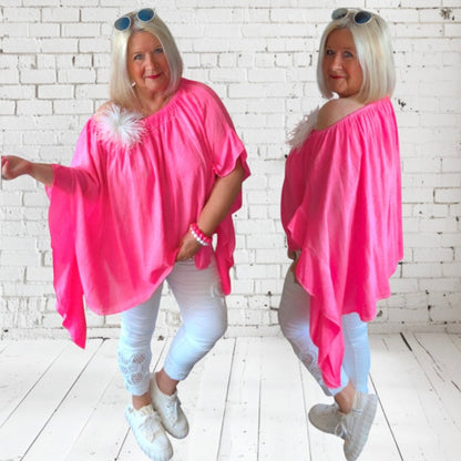 Carmen Bluse "ELARA" mit Volants, neonpink