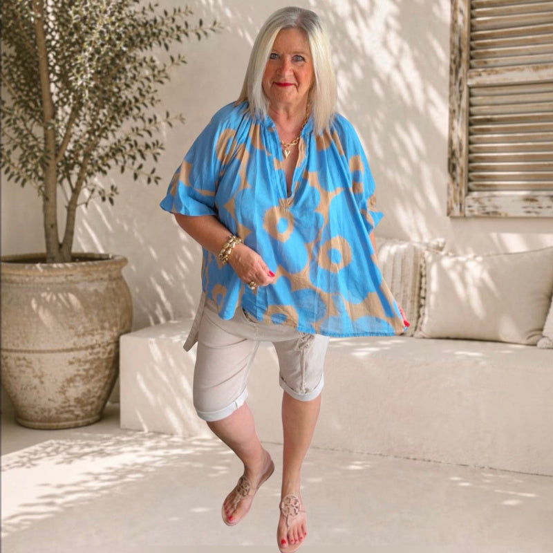 Bluse "FLORA", jeansblau/camel