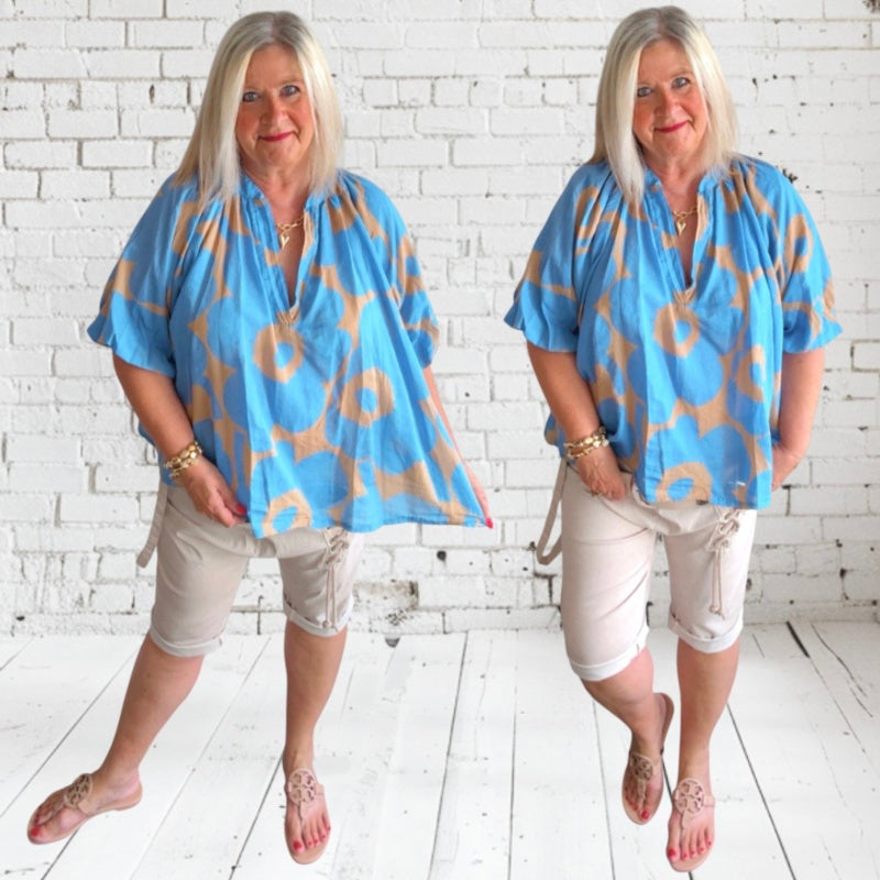 Bluse "FLORA", jeansblau/camel
