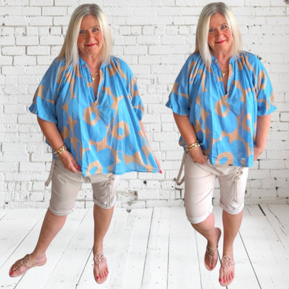 Bluse "FLORA", jeansblau/camel
