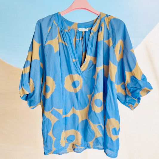 Bluse "FLORA", jeansblau/camel