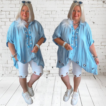 oversized Bluse "EYELETS" mit Ösen, light denim