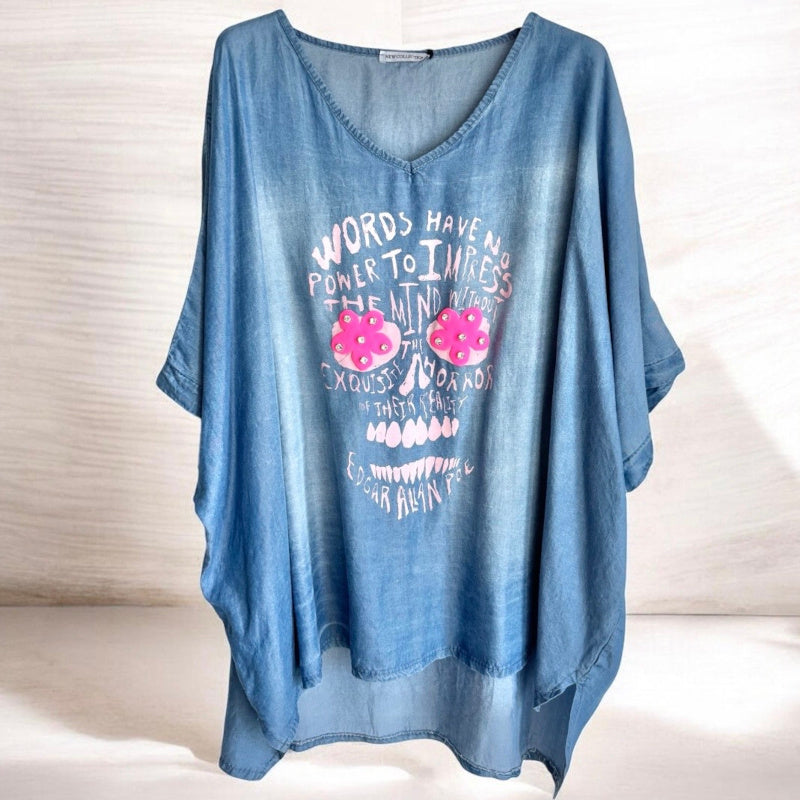 Blusen Shirt "SKULL", light denim
