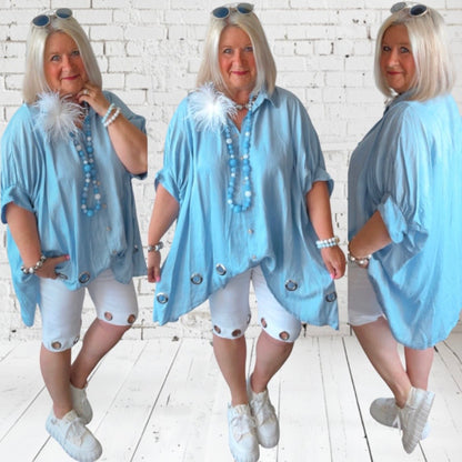 oversized Bluse "EYELETS" mit Ösen, light denim