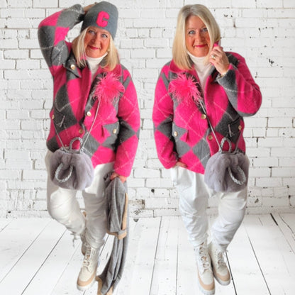 Woll Jacke "DIAMONDS", pink/grau