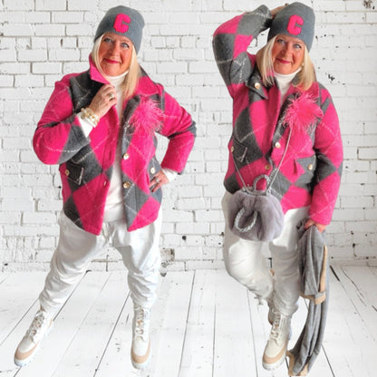 Woll Jacke "DIAMONDS", pink/grau