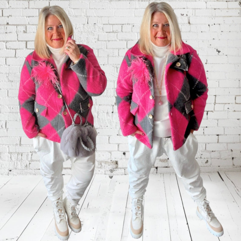 Woll Jacke "DIAMONDS", pink/grau