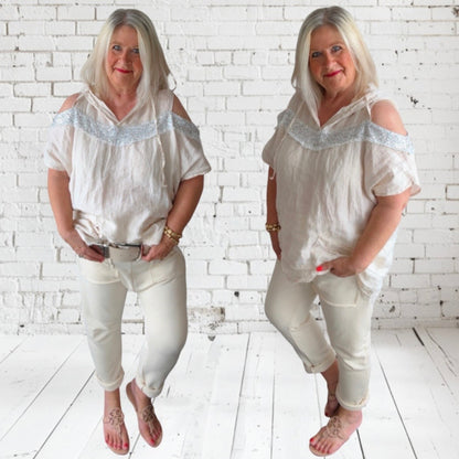 Leinen Bluse "ALLEGRA" mit Cut Outs und Pailletten, vanille