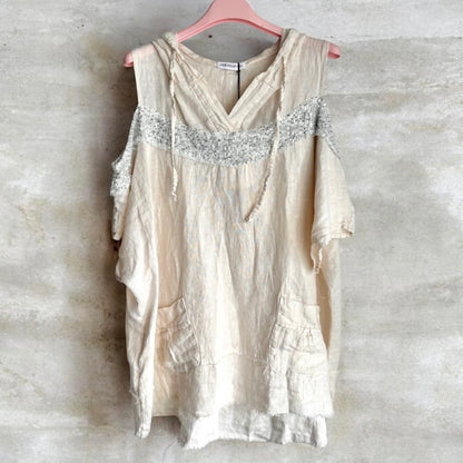 Leinen Bluse "ALLEGRA" mit Cut Outs und Pailletten, vanille