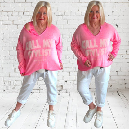 leichter Strickpulli "CALL MY STYLIST", neonpink