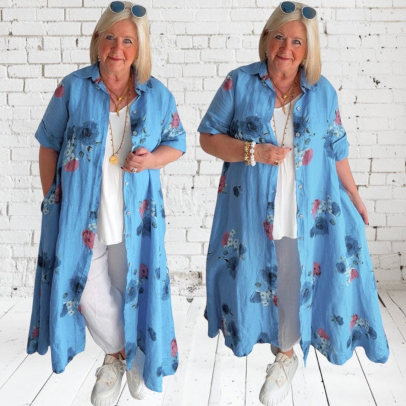 Leinen Maxi Mantelkleid "ROSES", denimblue