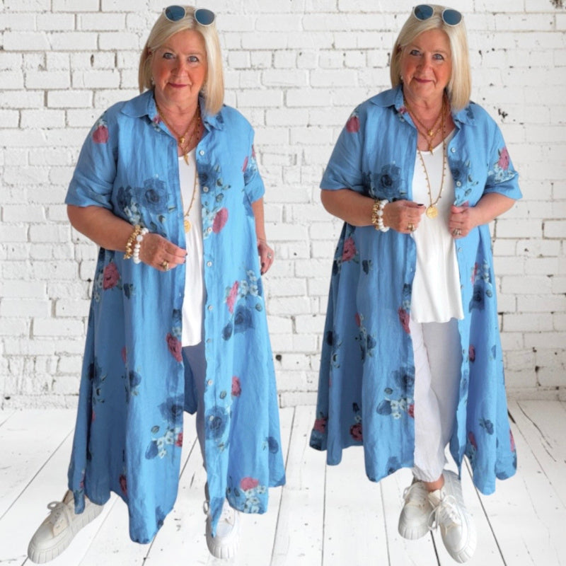 Leinen Maxi Mantelkleid "ROSES", denimblue