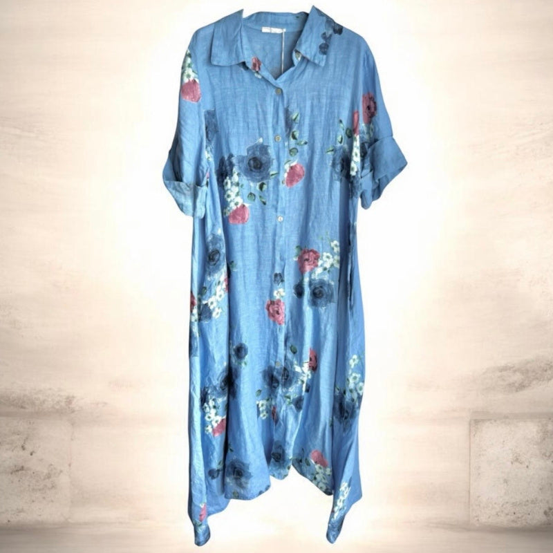 Leinen Maxi Mantelkleid "ROSES", denimblue