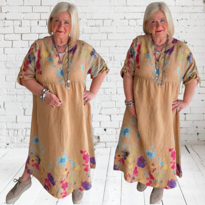 Leinen Maxikleid "FLOWERS", camel