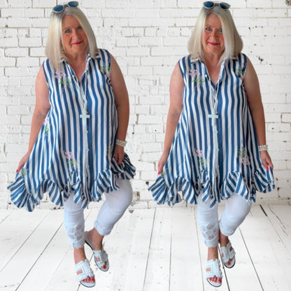 ärmellose Bluse "FLIRTY" mit Rüschen, marine/weiß