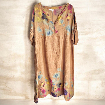 Leinen Maxikleid "FLOWERS", camel