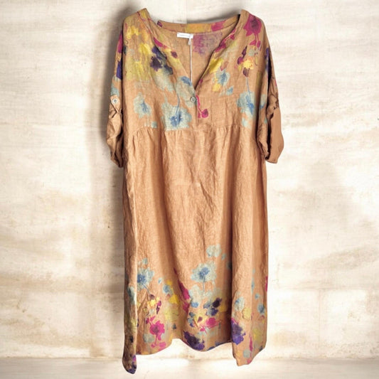 Leinen Maxikleid "FLOWERS", camel