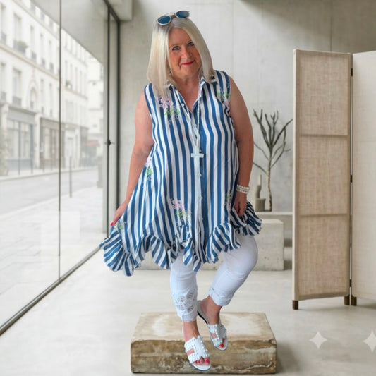 ärmellose Bluse "FLIRTY" mit Rüschen, marine/weiß