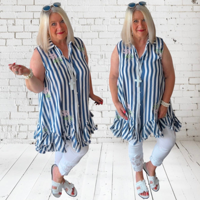 ärmellose Bluse "FLIRTY" mit Rüschen, marine/weiß