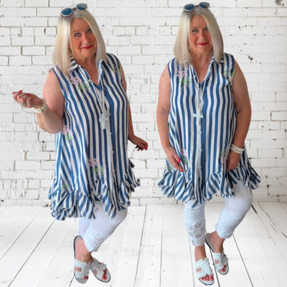ärmellose Bluse "FLIRTY" mit Rüschen, marine/weiß