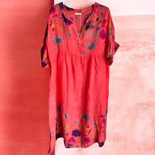 Leinen Maxikleid "FLOWERS", koralle