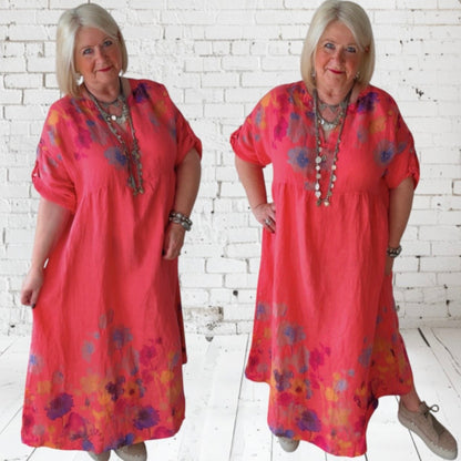 Leinen Maxikleid "FLOWERS", koralle