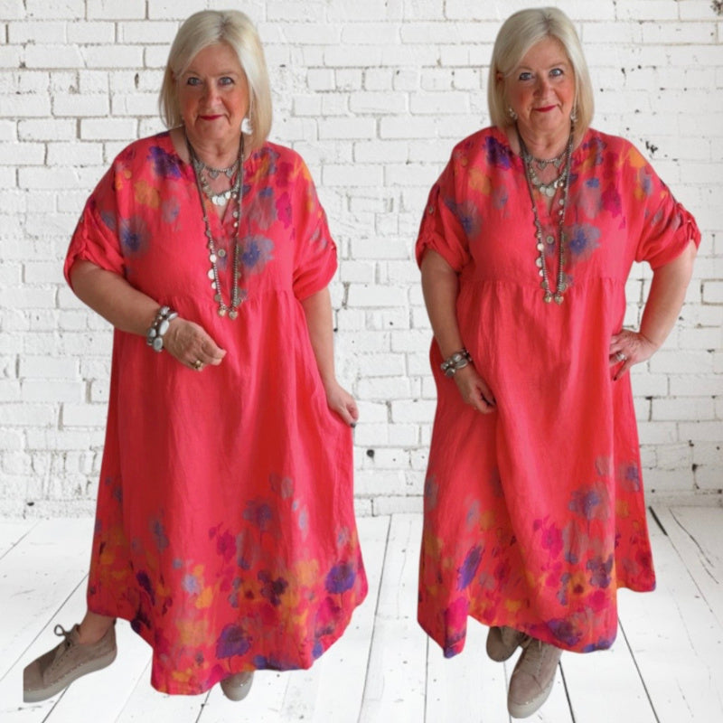 Leinen Maxikleid "FLOWERS", koralle