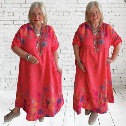 Leinen Maxikleid "FLOWERS", koralle