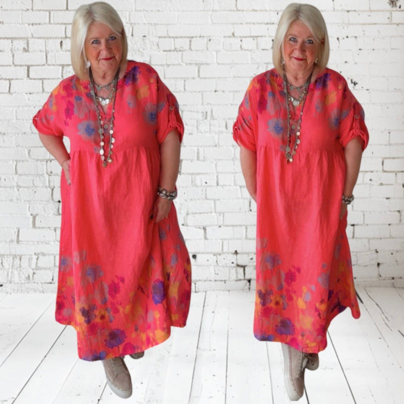 Leinen Maxikleid "FLOWERS", koralle