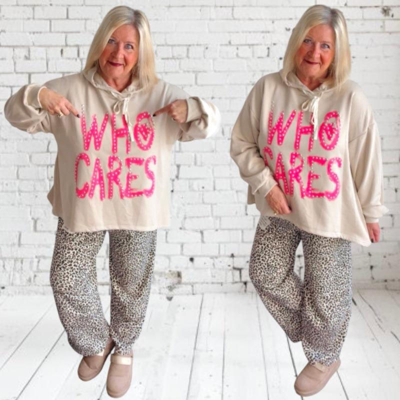 Hoodie "WHO CARES", beige
