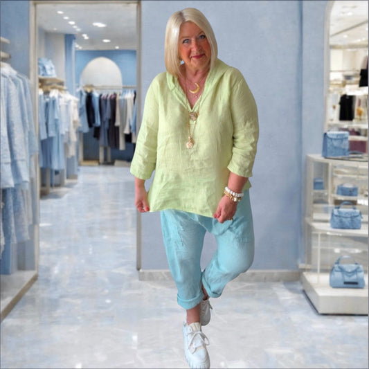 Leinen Bluse "MUNDO" mit Kapuze, kiwi