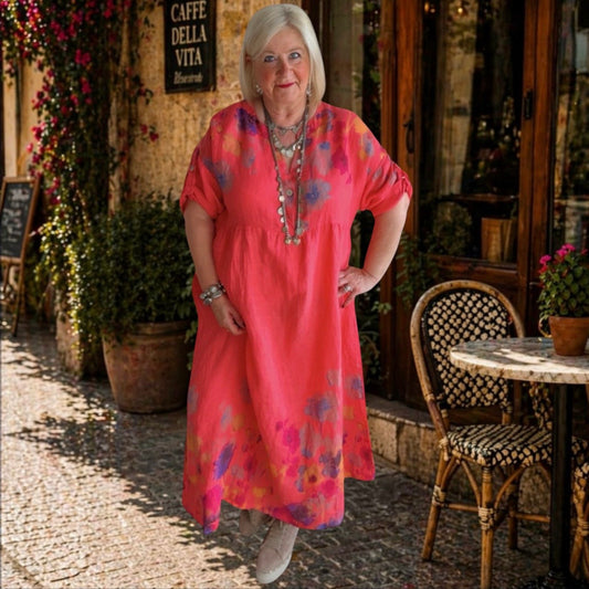 Leinen Maxikleid "FLOWERS", koralle