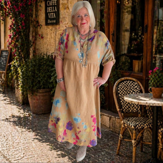 Leinen Maxikleid "FLOWERS", camel