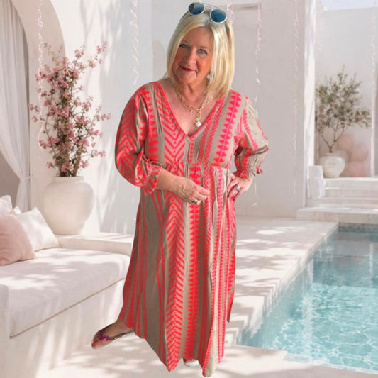 Maxi Kleid "BOHO SUMMER", taupe/neonkoralle