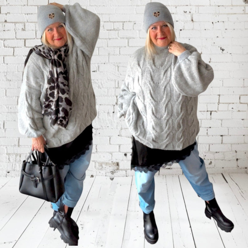 Pullover mit Zopfmuster "CABLE", grau