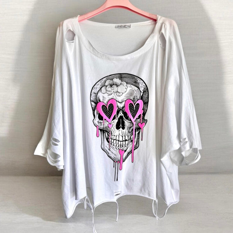 Shirt "SKULL" mit Glitzer & Cut-Outs, weiß