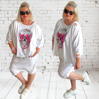 Shirt "SKULL" mit Glitzer & Cut-Outs, weiß