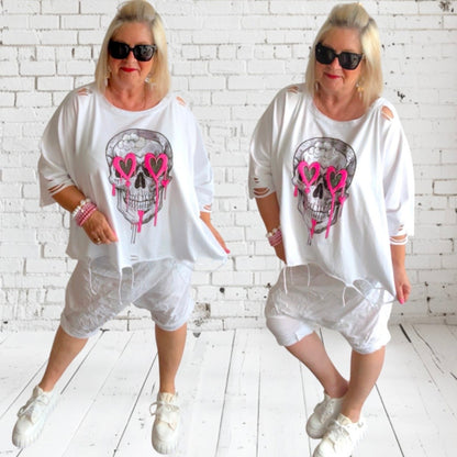Shirt "SKULL" mit Glitzer & Cut-Outs, weiß