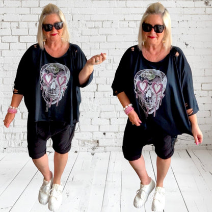 Shirt "SKULL" mit Glitzer & Cut-Outs, schwarz