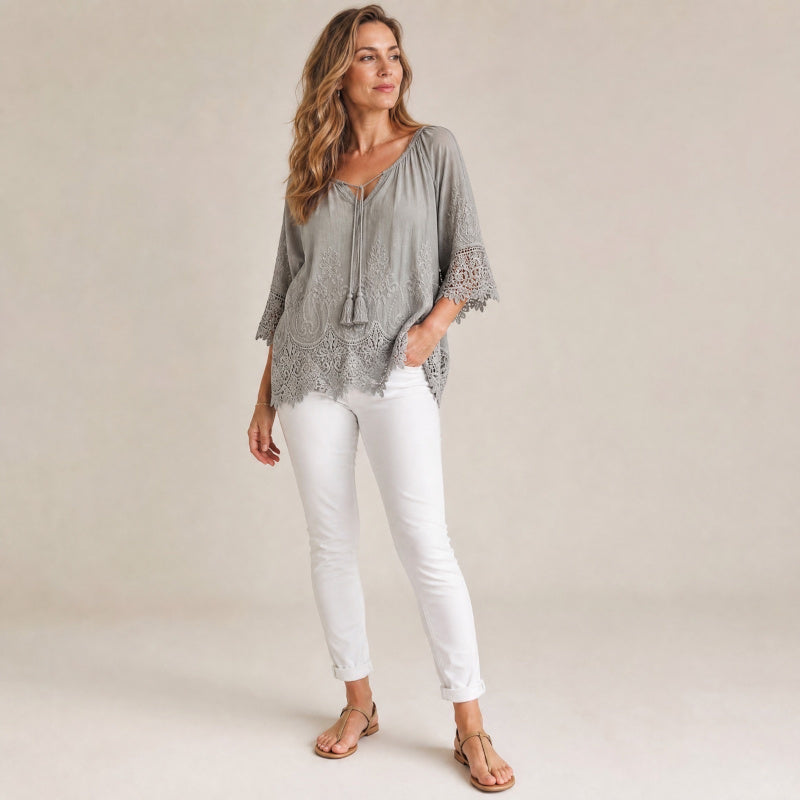 leichte Bluse "IBIZA" mit Spitze, vanille