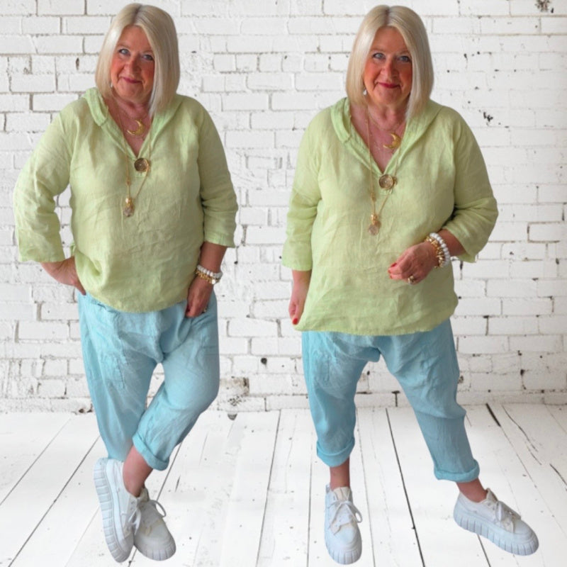 Leinen Bluse "MUNDO" mit Kapuze, kiwi