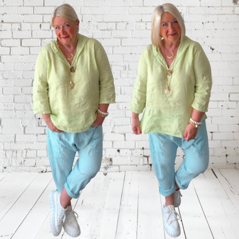 Leinen Bluse "MUNDO" mit Kapuze, kiwi